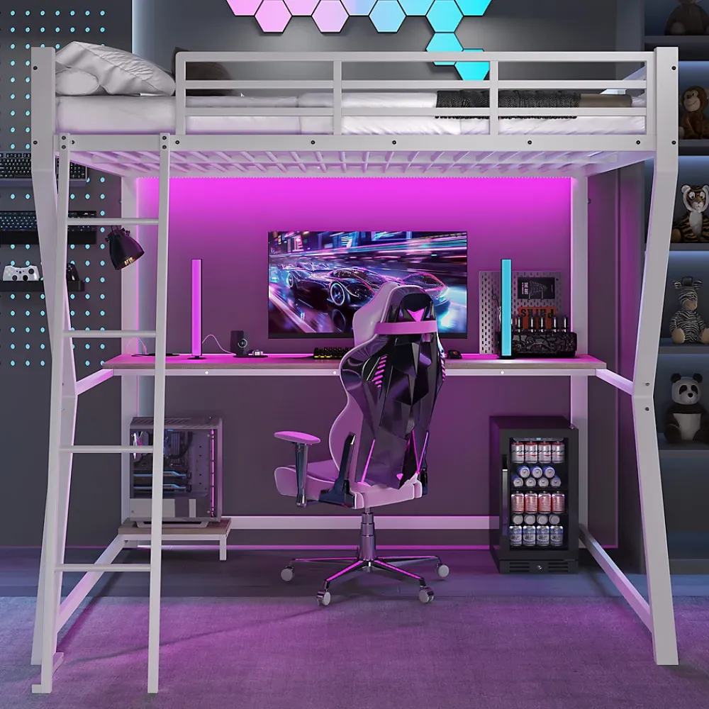 Redom Lit superposé 140x200 cm avec bureau intégré, étagère ordinateur et bande LED, structure métal et MDF, blanc*Enfant Lit Enfant