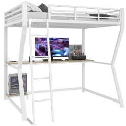 Redom Lit superposé 140x200 cm avec bureau intégré, étagère ordinateur et bande LED, structure métal et MDF, blanc*Enfant Lit Enfant