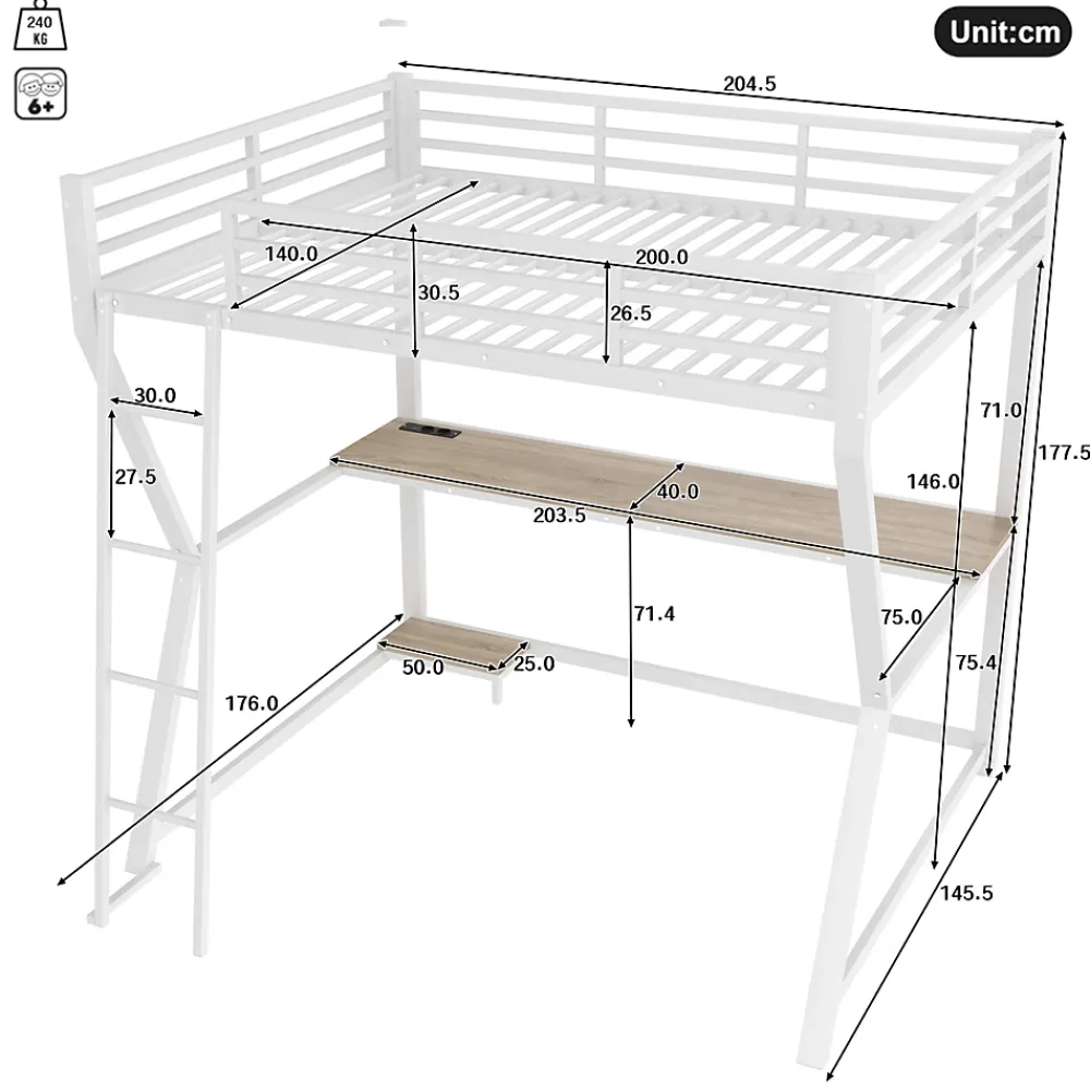 Redom Lit superposé 140x200 cm avec bureau intégré, étagère ordinateur et bande LED, structure métal et MDF, blanc*Enfant Lit Enfant