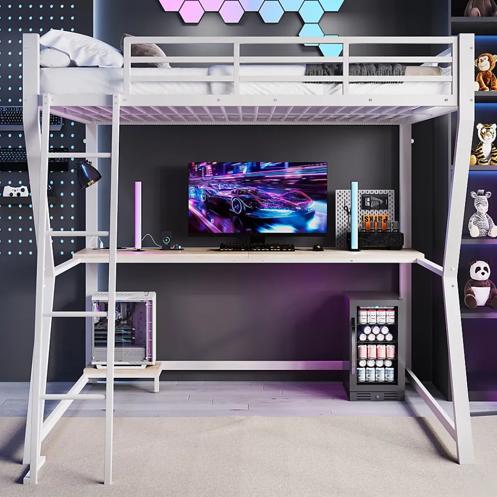 Redom Lit superposé 140x200 cm avec bureau intégré, étagère ordinateur et bande LED, structure métal et MDF, blanc*Enfant Lit Enfant
