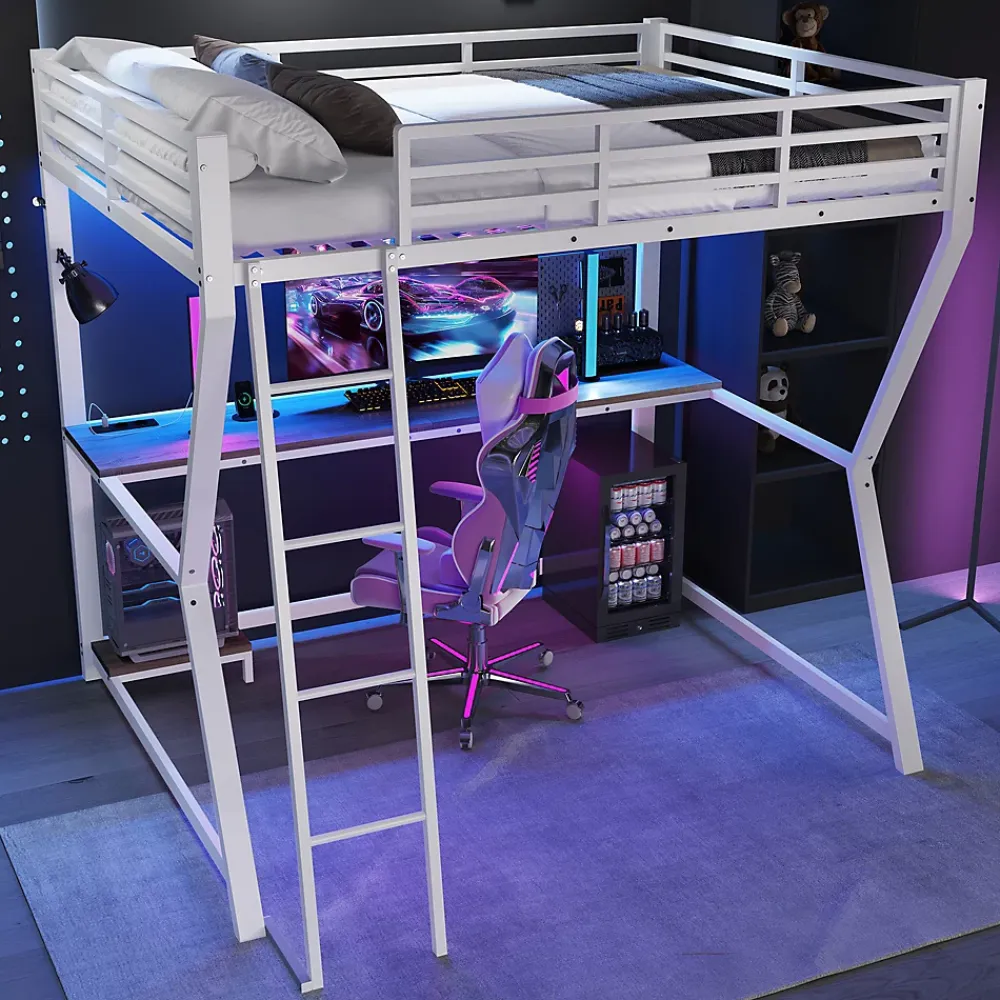 Redom Lit superposé 140x200 cm avec bureau intégré, étagère ordinateur et bande LED, structure métal et MDF, blanc*Enfant Lit Enfant