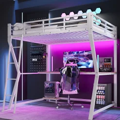 Redom Lit superposé 140x200 cm avec bureau intégré, étagère ordinateur et bande LED, structure métal et MDF, blanc*Enfant Lit Enfant