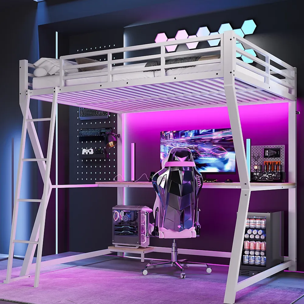 Redom Lit superposé 140x200 cm avec bureau intégré, étagère ordinateur et bande LED, structure métal et MDF, blanc*Enfant Lit Enfant