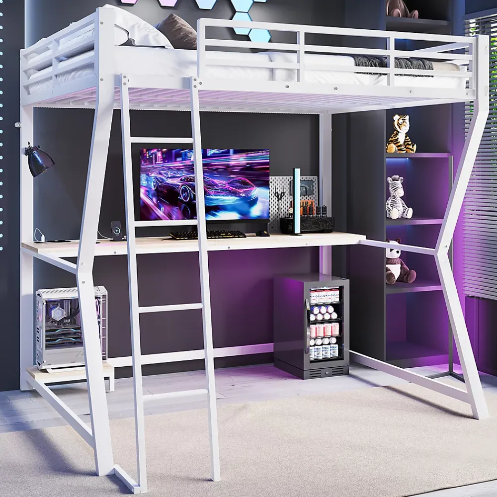 Redom Lit superposé 140x200 cm avec bureau intégré, étagère ordinateur et bande LED, structure métal et MDF, blanc*Enfant Lit Enfant