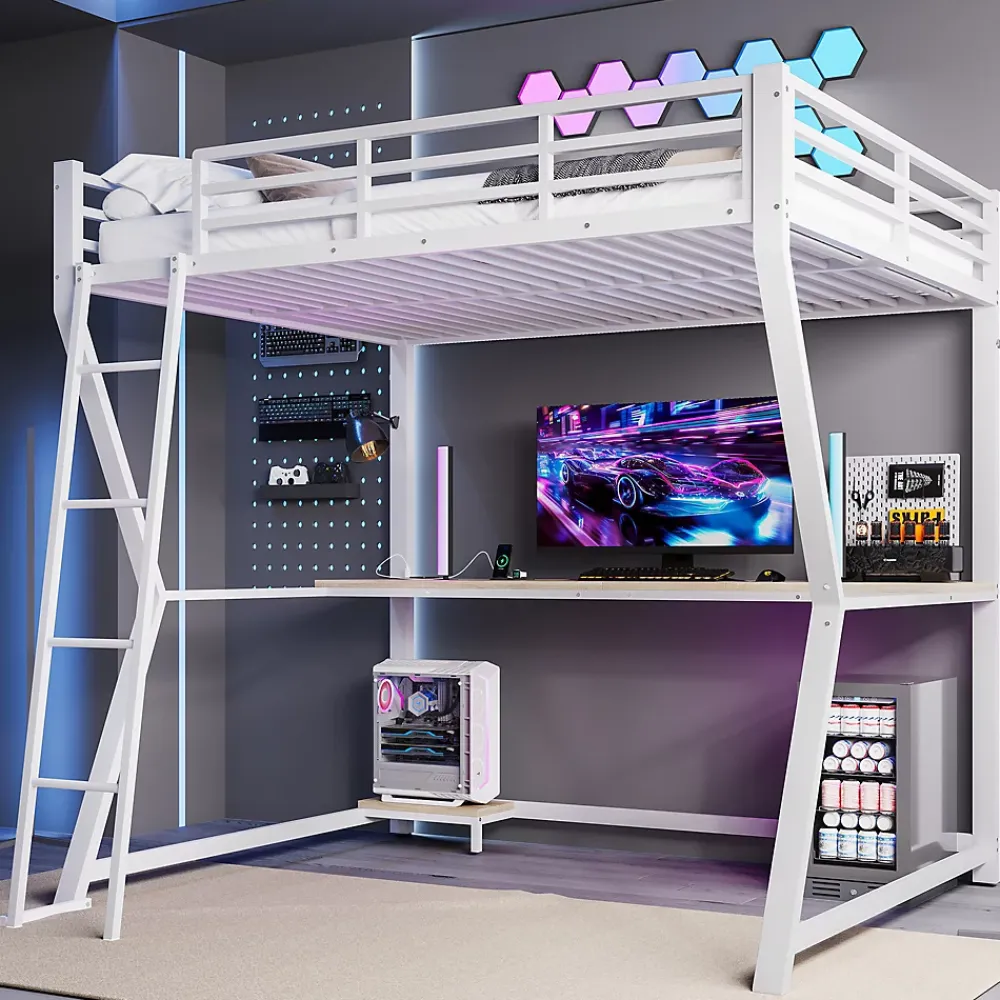Redom Lit superposé 140x200 cm avec bureau intégré, étagère ordinateur et bande LED, structure métal et MDF, blanc*Enfant Lit Enfant