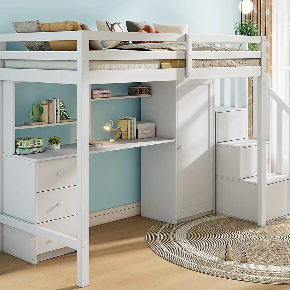 Redom Lit superposé 90x200 cm avec bureau intégré, armoire et tiroirs en bois massif blanc*Enfant Lit Enfant