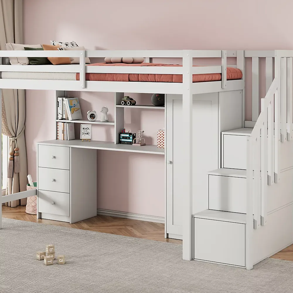 Redom Lit superposé 90x200 cm avec bureau intégré, armoire et tiroirs en bois massif blanc*Enfant Lit Enfant