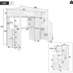 Redom Lit superposé 90x200 cm avec bureau intégré, armoire et tiroirs en bois massif blanc*Enfant Lit Enfant