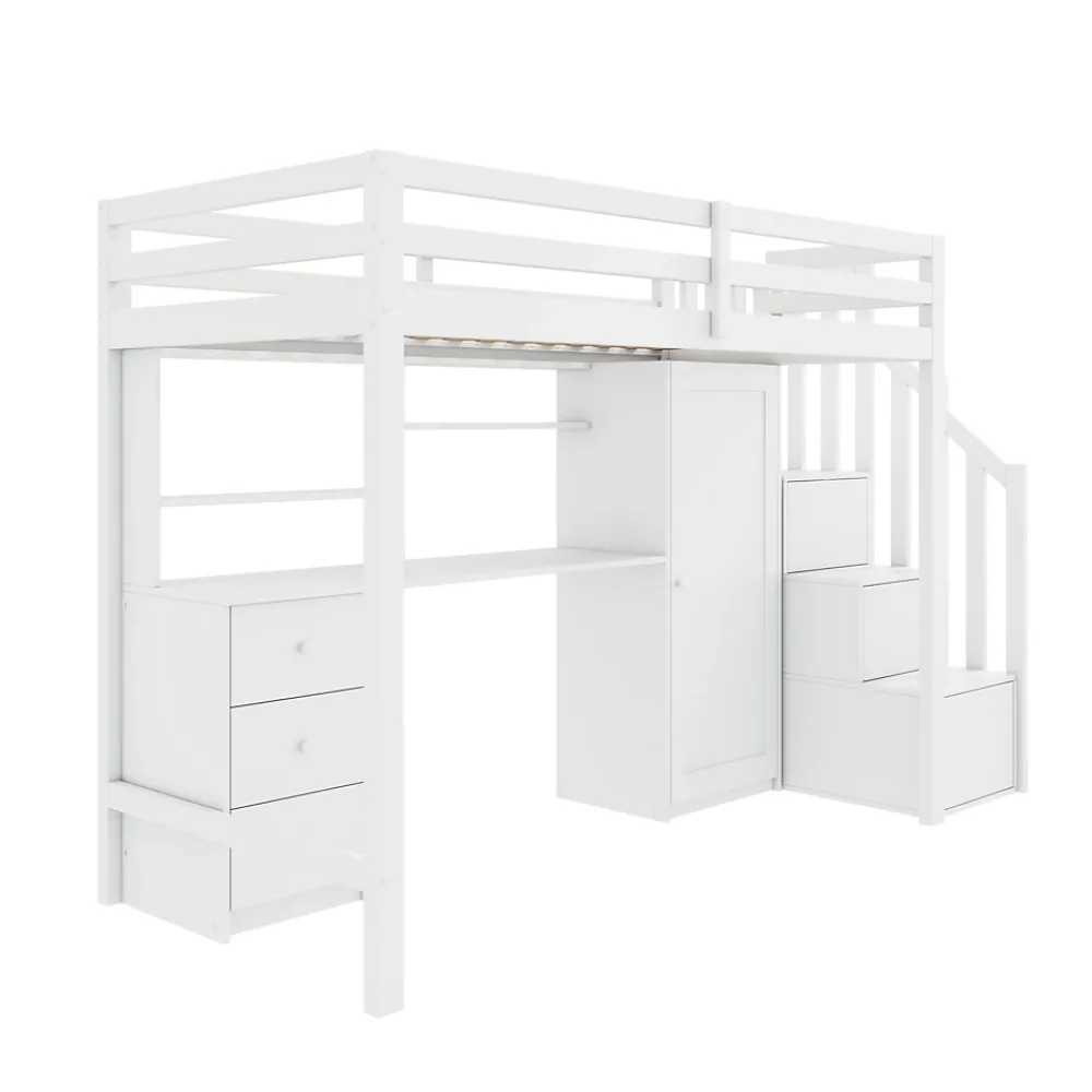 Redom Lit superposé 90x200 cm avec bureau intégré, armoire et tiroirs en bois massif blanc*Enfant Lit Enfant
