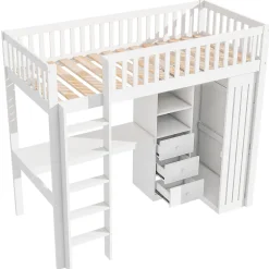 Redom Lit superposé 90x200 cm avec bureau intégré et armoire, structure en pin et MDF, finition blanche*Enfant Lit Enfant