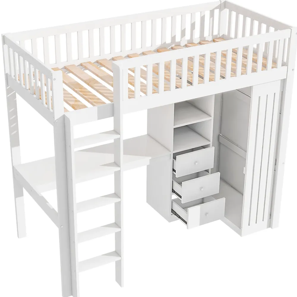 Redom Lit superposé 90x200 cm avec bureau intégré et armoire, structure en pin et MDF, finition blanche*Enfant Lit Enfant