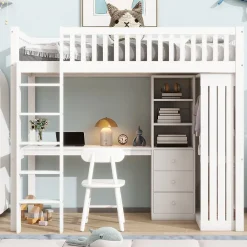 Redom Lit superposé 90x200 cm avec bureau intégré et armoire, structure en pin et MDF, finition blanche*Enfant Lit Enfant