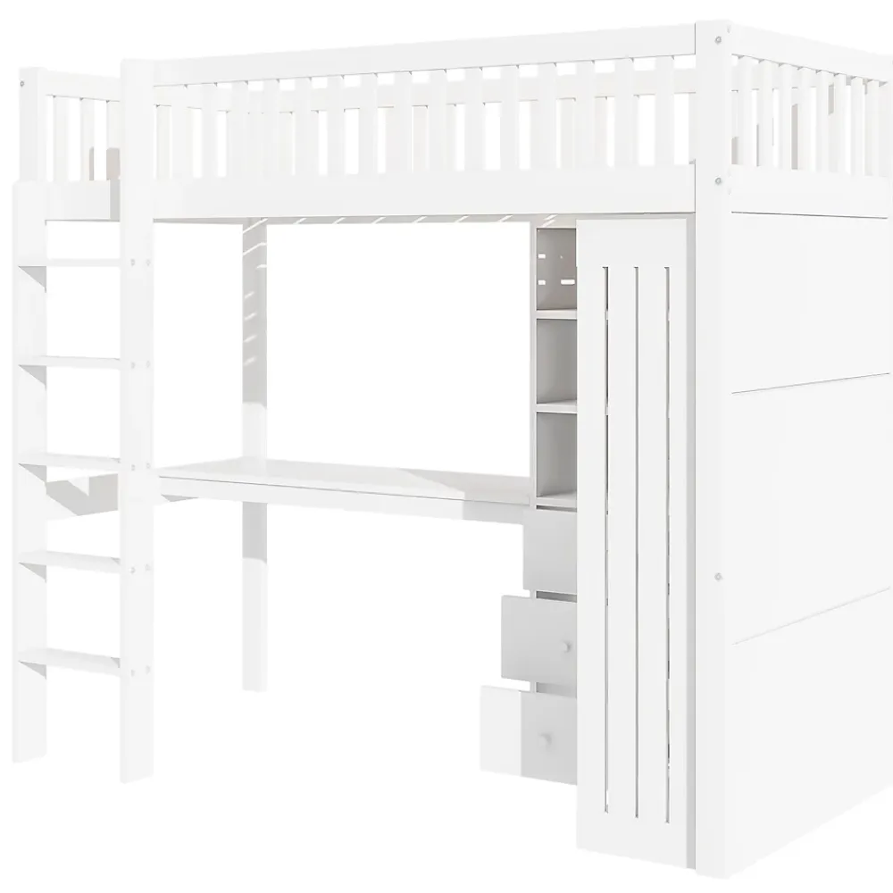 Redom Lit superposé 90x200 cm avec bureau intégré et armoire, structure en pin et MDF, finition blanche*Enfant Lit Enfant