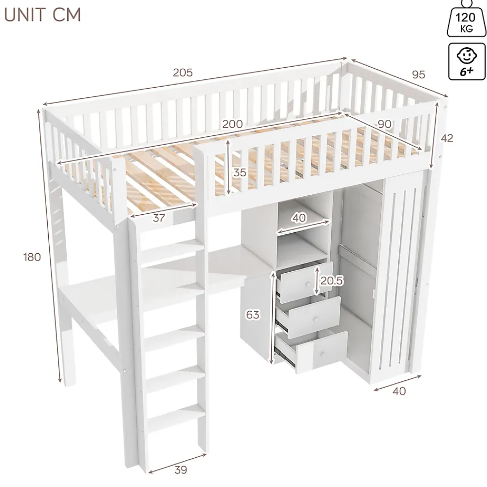 Redom Lit superposé 90x200 cm avec bureau intégré et armoire, structure en pin et MDF, finition blanche*Enfant Lit Enfant