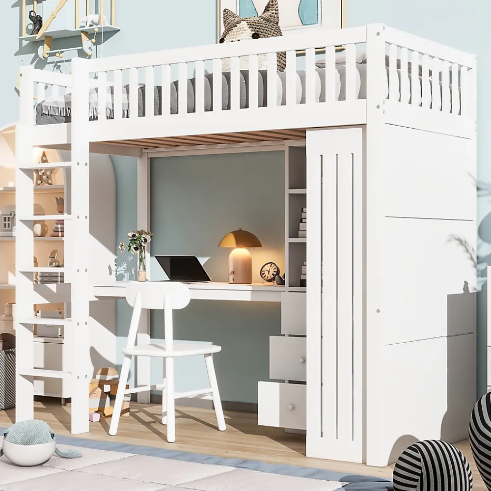 Redom Lit superposé 90x200 cm avec bureau intégré et armoire, structure en pin et MDF, finition blanche*Enfant Lit Enfant