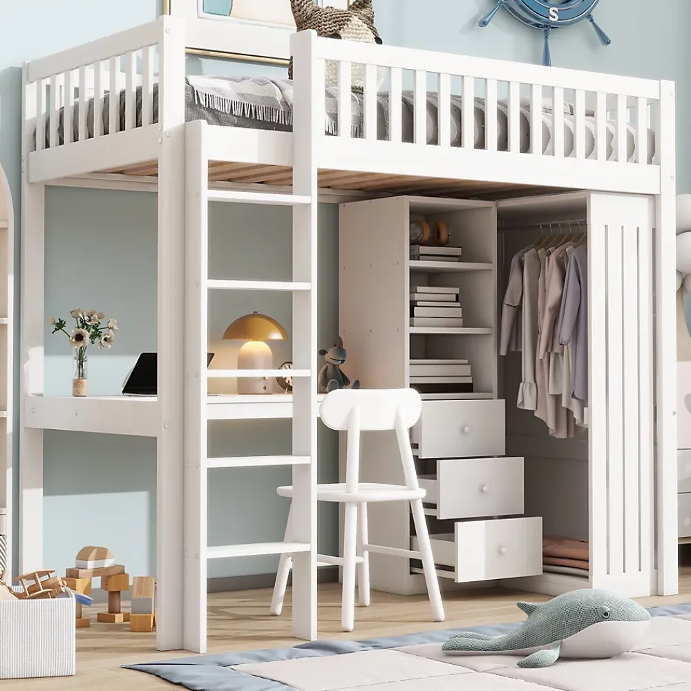 Redom Lit superposé 90x200 cm avec bureau intégré et armoire, structure en pin et MDF, finition blanche*Enfant Lit Enfant