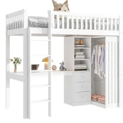 Redom Lit superposé 90x200 cm avec bureau intégré et armoire, structure en pin et MDF, finition blanche*Enfant Lit Enfant