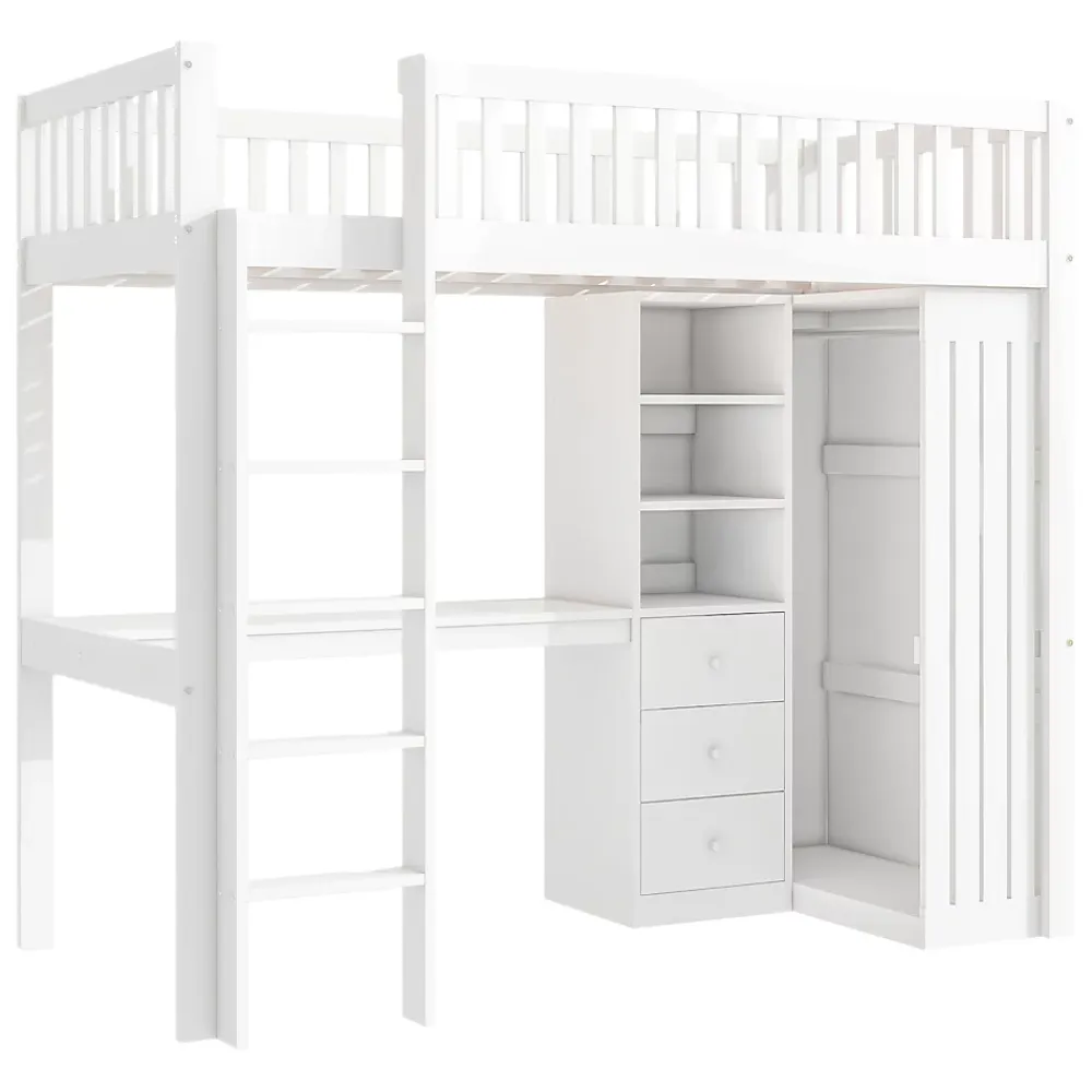 Redom Lit superposé 90x200 cm avec bureau intégré et armoire, structure en pin et MDF, finition blanche*Enfant Lit Enfant
