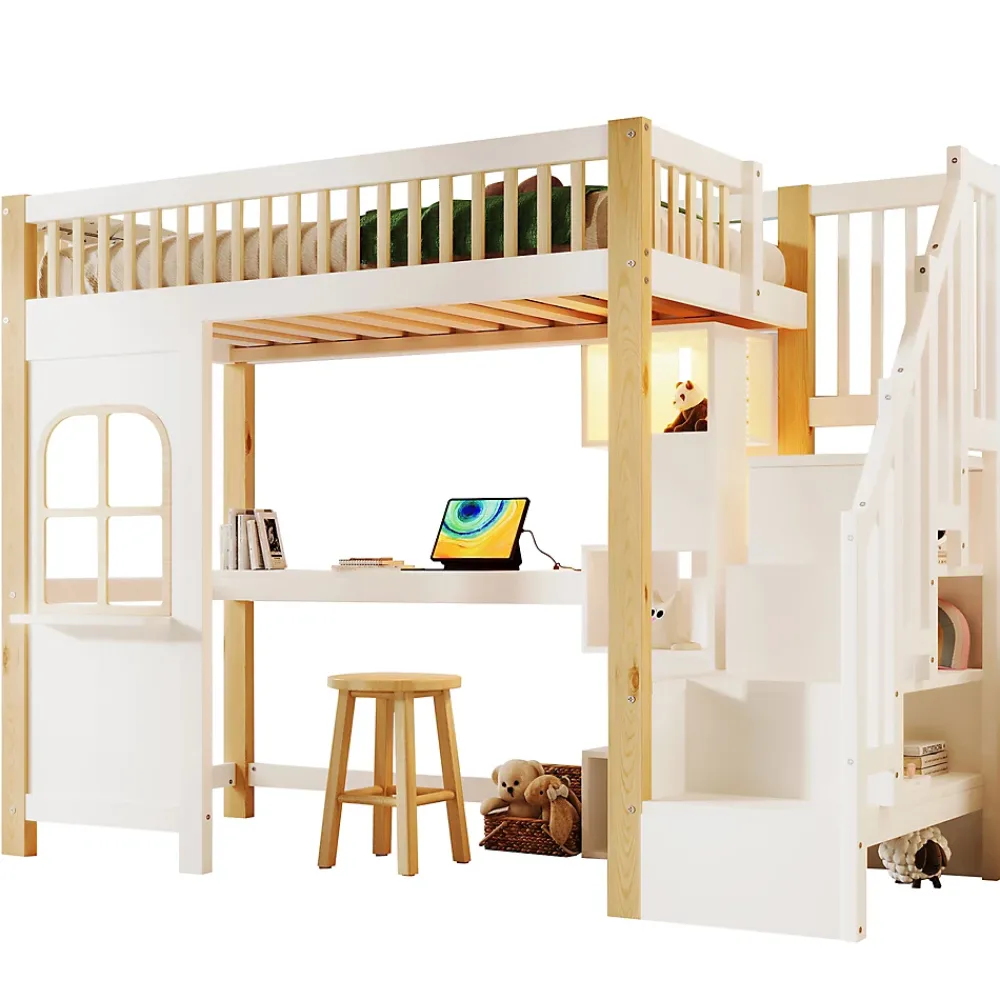 Redom Lit superposé 90x200 cm avec bureau intégré, éclairage LED et échelle à rangements, blanc et bois naturel*Enfant Lit Enfant