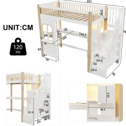 Redom Lit superposé 90x200 cm avec bureau intégré, éclairage LED et échelle à rangements, blanc et bois naturel*Enfant Lit Enfant