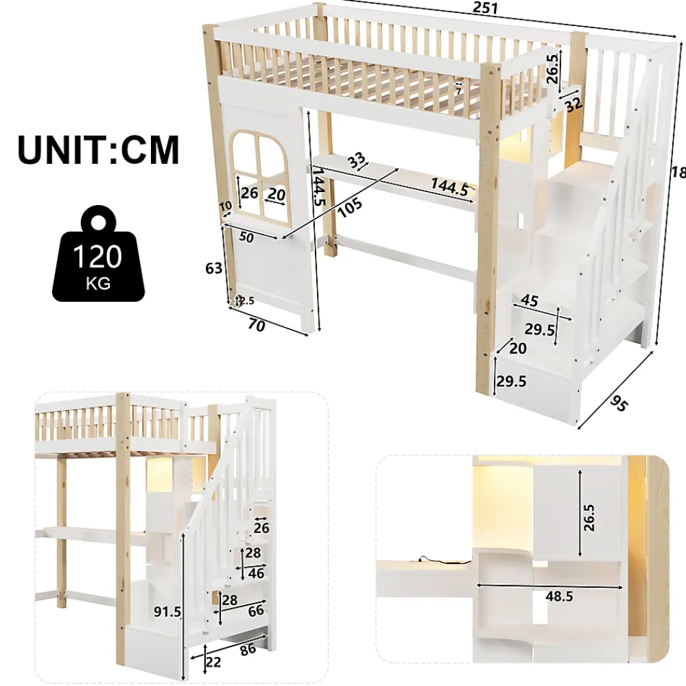 Redom Lit superposé 90x200 cm avec bureau intégré, éclairage LED et échelle à rangements, blanc et bois naturel*Enfant Lit Enfant