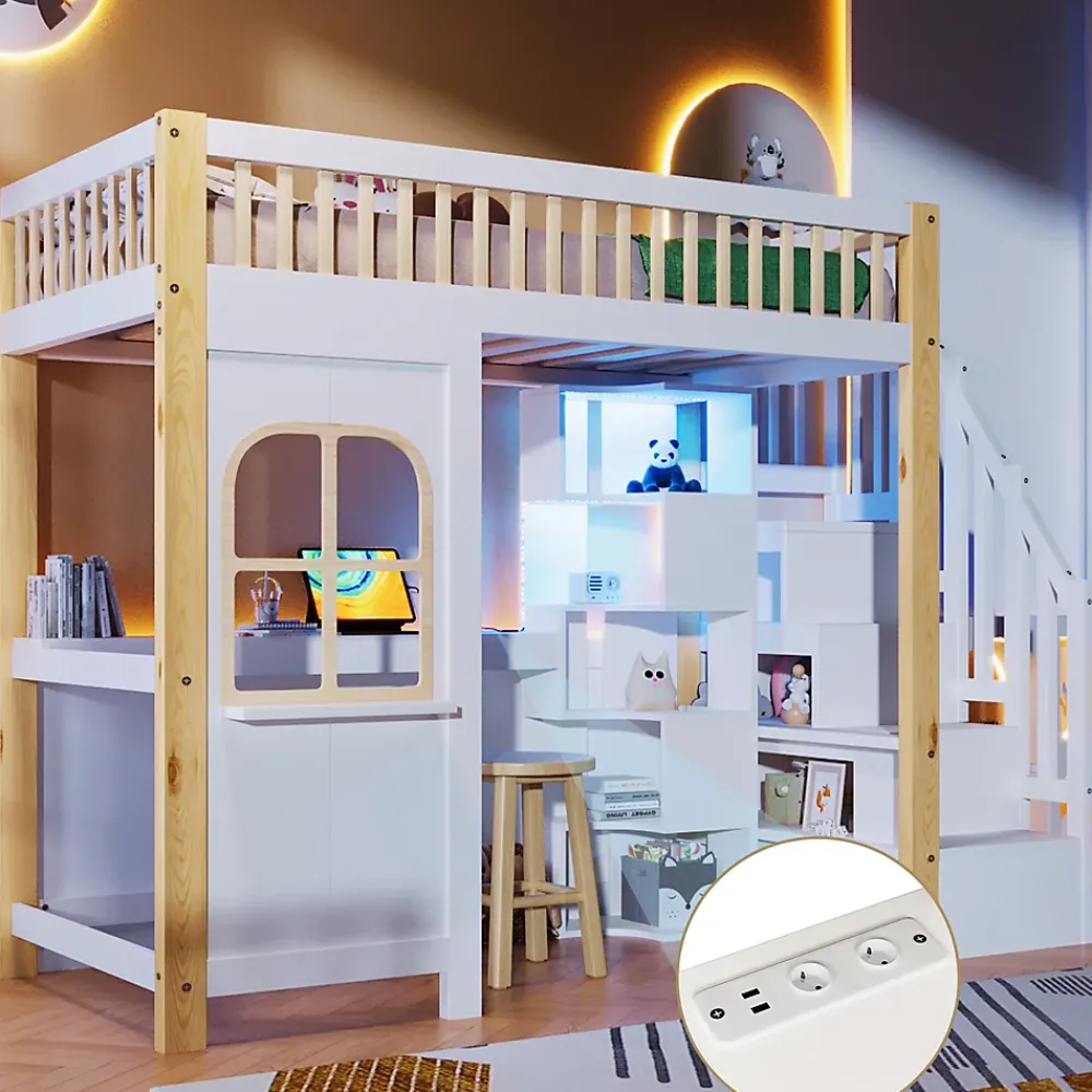 Redom Lit superposé 90x200 cm avec bureau intégré, éclairage LED et échelle à rangements, blanc et bois naturel*Enfant Lit Enfant