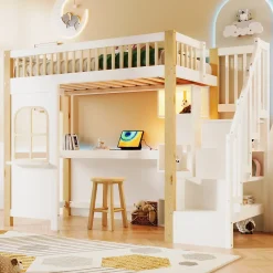 Redom Lit superposé 90x200 cm avec bureau intégré, éclairage LED et échelle à rangements, blanc et bois naturel*Enfant Lit Enfant