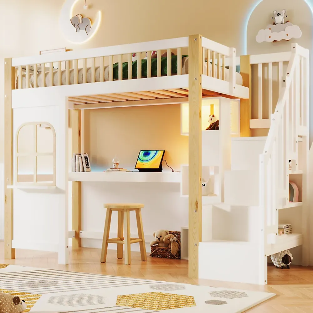 Redom Lit superposé 90x200 cm avec bureau intégré, éclairage LED et échelle à rangements, blanc et bois naturel*Enfant Lit Enfant
