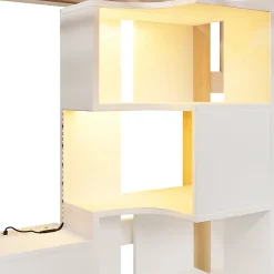 Redom Lit superposé 90x200 cm avec bureau intégré, éclairage LED et échelle à rangements, blanc et bois naturel*Enfant Lit Enfant