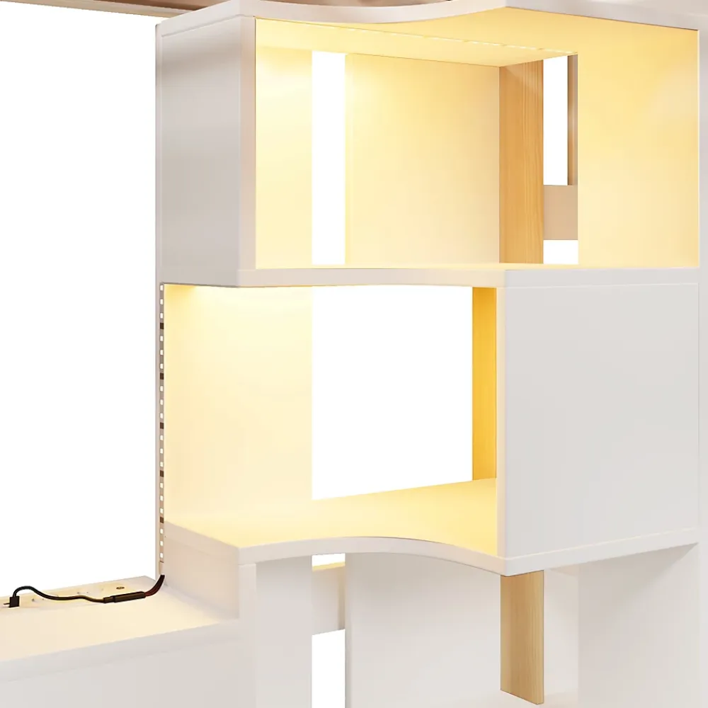 Redom Lit superposé 90x200 cm avec bureau intégré, éclairage LED et échelle à rangements, blanc et bois naturel*Enfant Lit Enfant