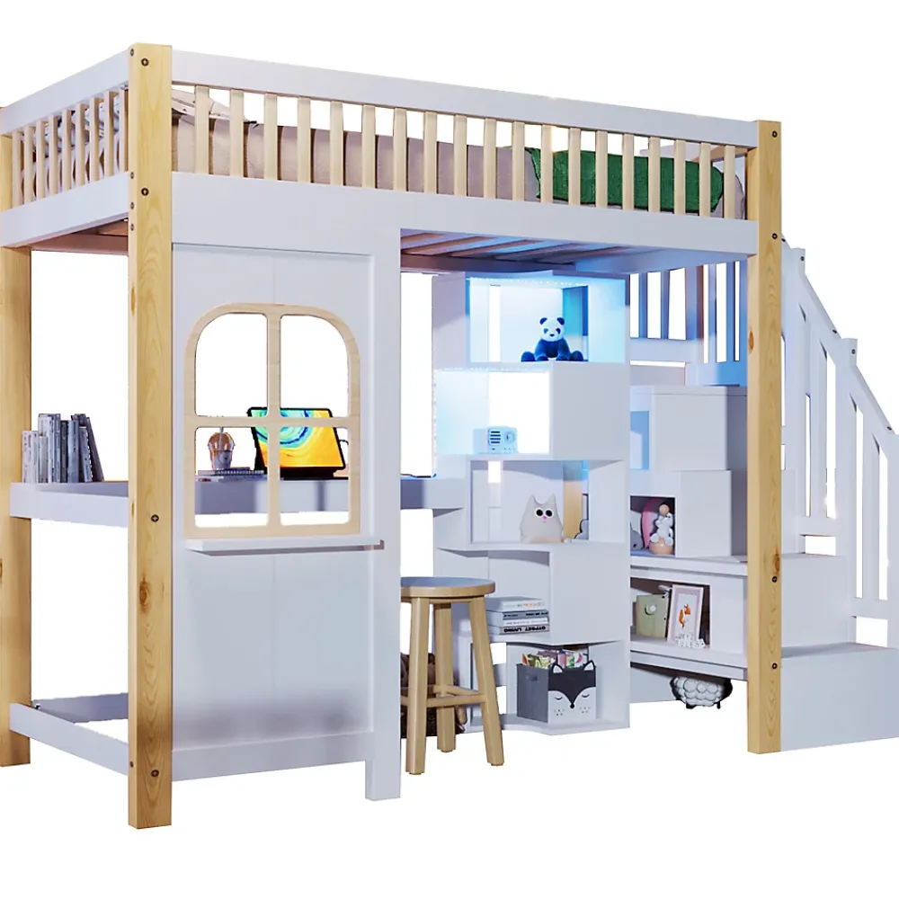 Redom Lit superposé 90x200 cm avec bureau intégré, éclairage LED et échelle à rangements, blanc et bois naturel*Enfant Lit Enfant