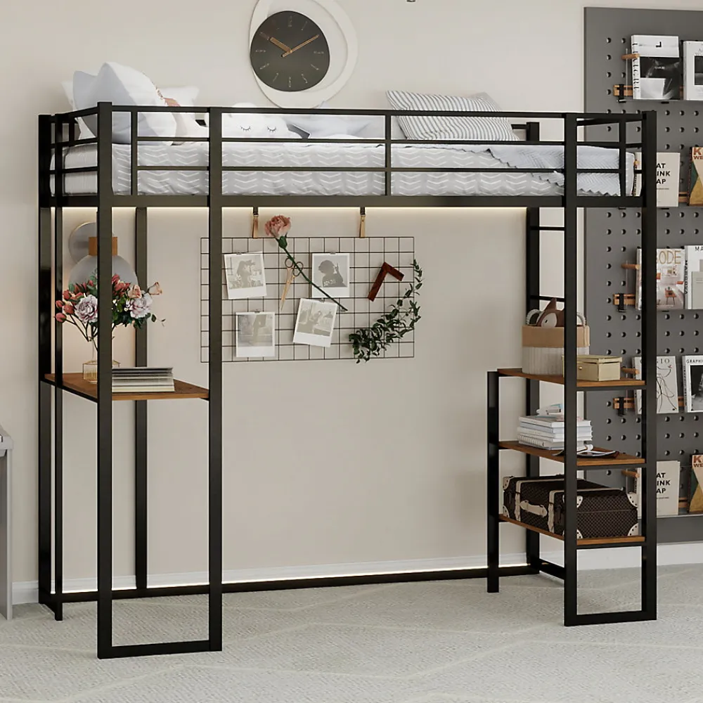 Lit superposé 90x190 cm avec bureau intégré et échelle bilatérale, structure métal noire gain de place>Redom Outlet