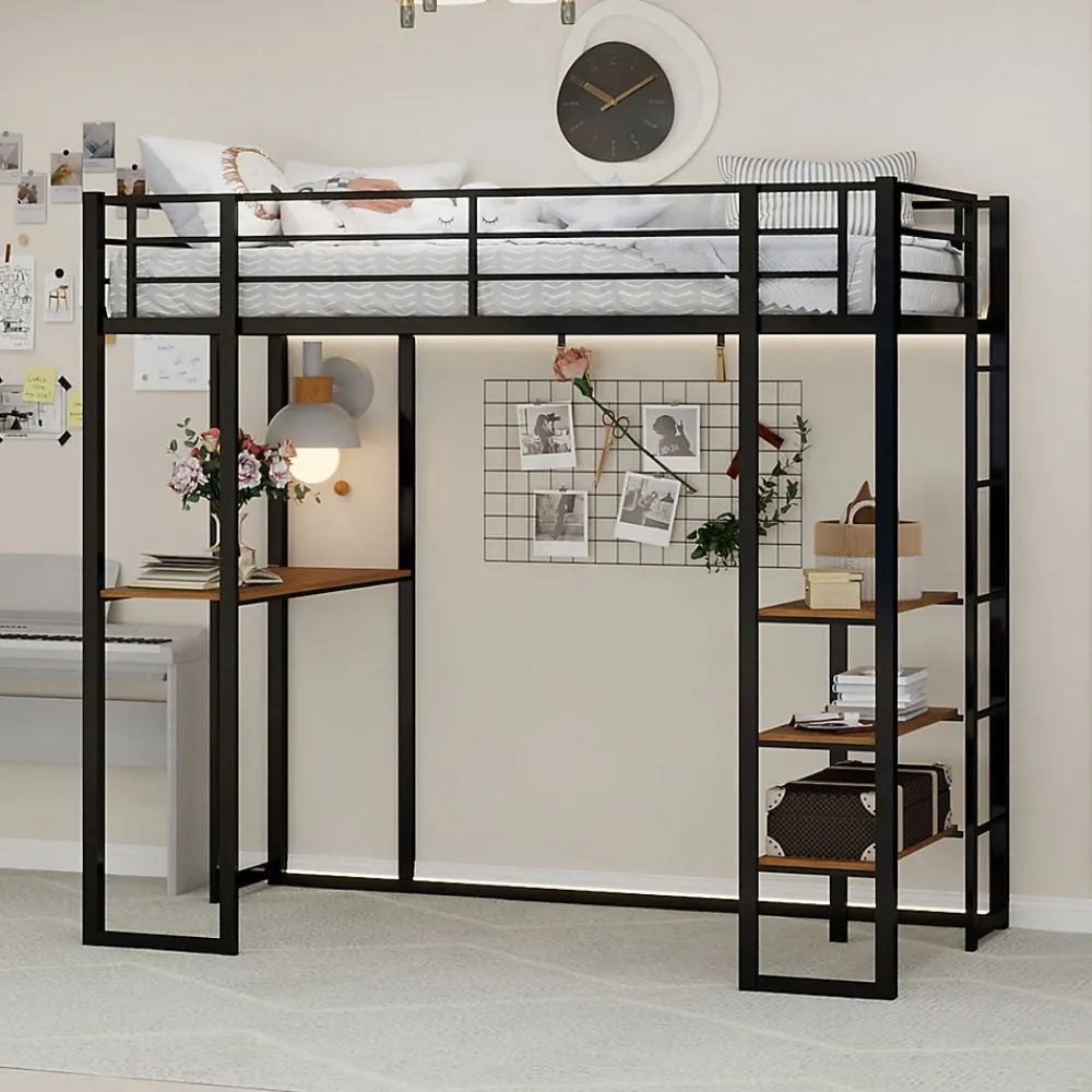 Lit superposé 90x190 cm avec bureau intégré et échelle bilatérale, structure métal noire gain de place>Redom Outlet