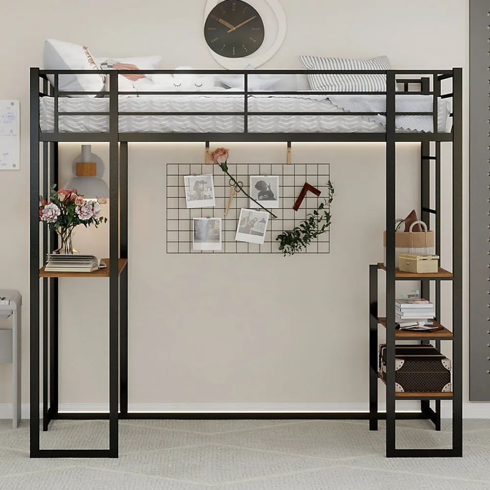 Lit superposé 90x190 cm avec bureau intégré et échelle bilatérale, structure métal noire gain de place>Redom Outlet