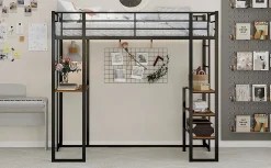 Lit superposé 90x190 cm avec bureau intégré et échelle bilatérale, structure métal noire gain de place><noscript><img width=