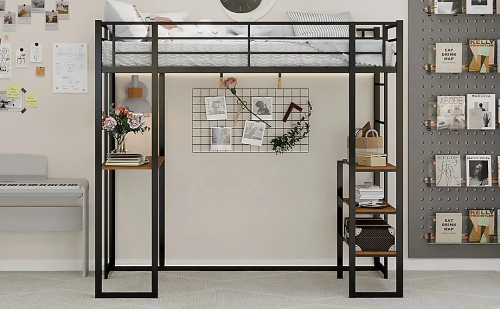Lit superposé 90x190 cm avec bureau intégré et échelle bilatérale, structure métal noire gain de place>Redom Outlet