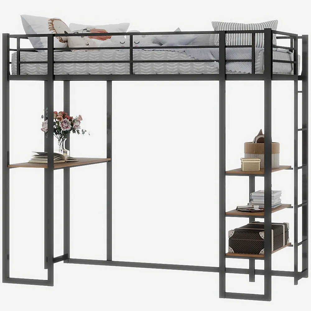 Lit superposé 90x190 cm avec bureau intégré et échelle bilatérale, structure métal noire gain de place>Redom Outlet