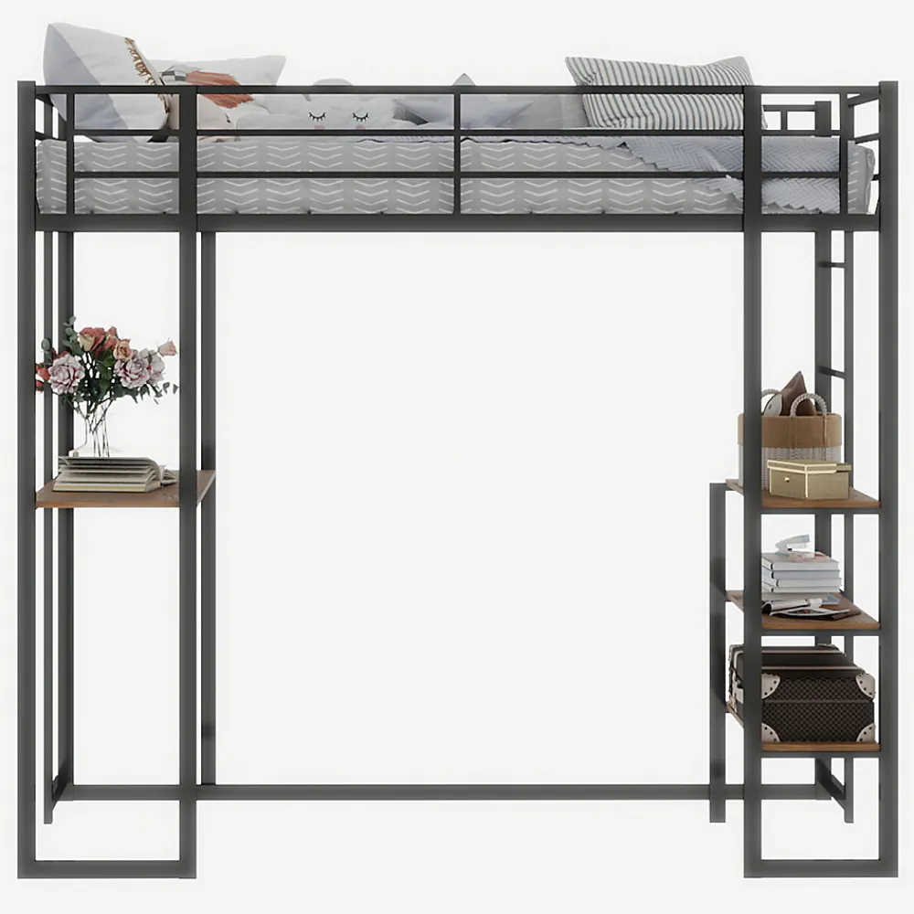 Lit superposé 90x190 cm avec bureau intégré et échelle bilatérale, structure métal noire gain de place>Redom Outlet