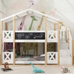 Lit superposé 90x200 cm avec échelle-rangement et tableau 110x26 cm, structure pin massif et panneaux en blanc/naturel>Redom Clearance