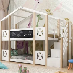 Lit superposé 90x200 cm avec échelle-rangement et tableau 110x26 cm, structure pin massif et panneaux en blanc/naturel><noscript><img width=