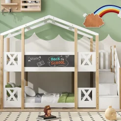 Lit superposé 90x200 cm avec échelle-rangement et tableau 110x26 cm, structure pin massif et panneaux en blanc/naturel><noscript><img width=