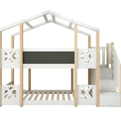 Lit superposé 90x200 cm avec échelle-rangement et tableau 110x26 cm, structure pin massif et panneaux en blanc/naturel><noscript><img width=