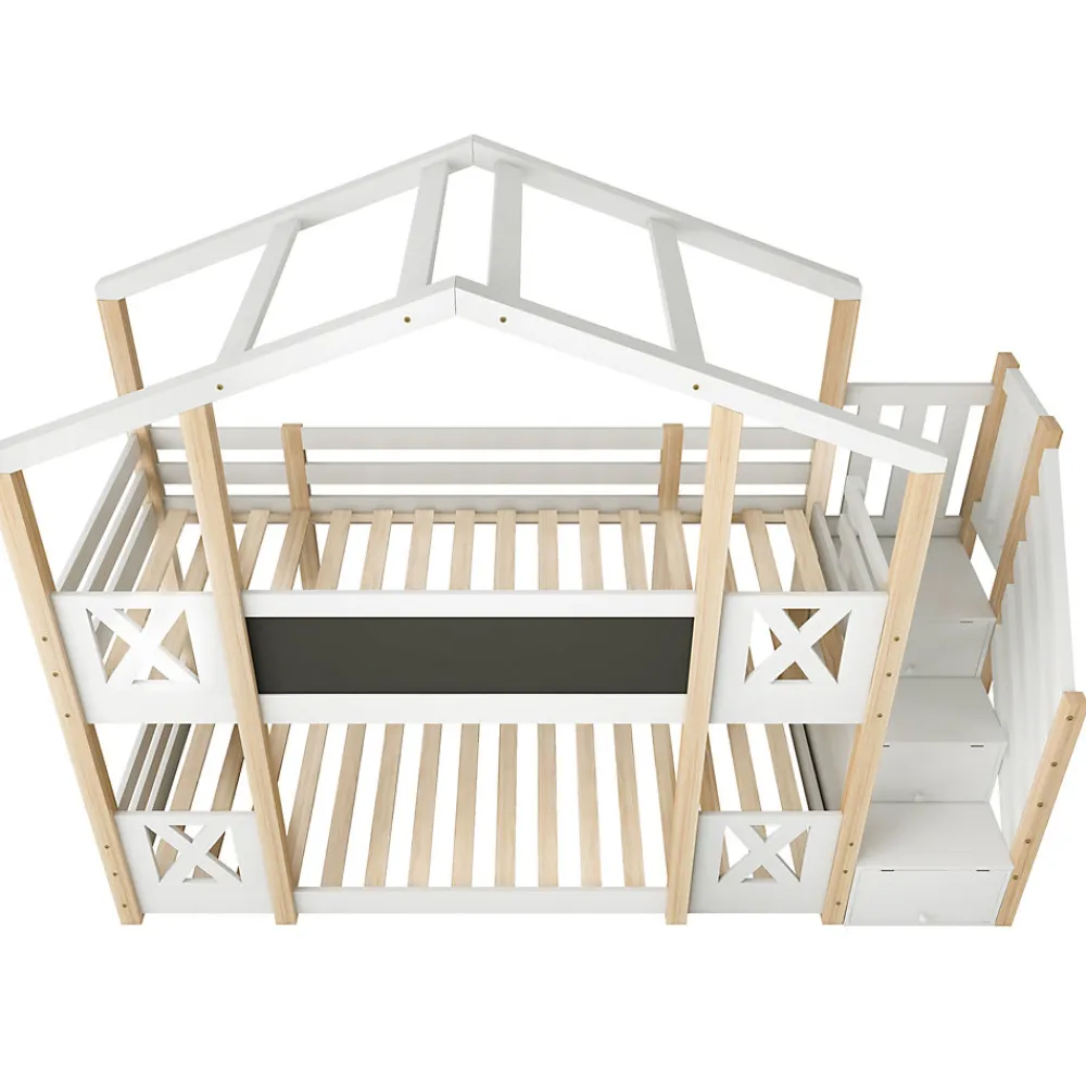 Lit superposé 90x200 cm avec échelle-rangement et tableau 110x26 cm, structure pin massif et panneaux en blanc/naturel>Redom Clearance