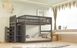 Lit superposé 140x200 cm avec échelle sécurisée et 4 tiroirs de rangement, structure bois gris>Redom Sale