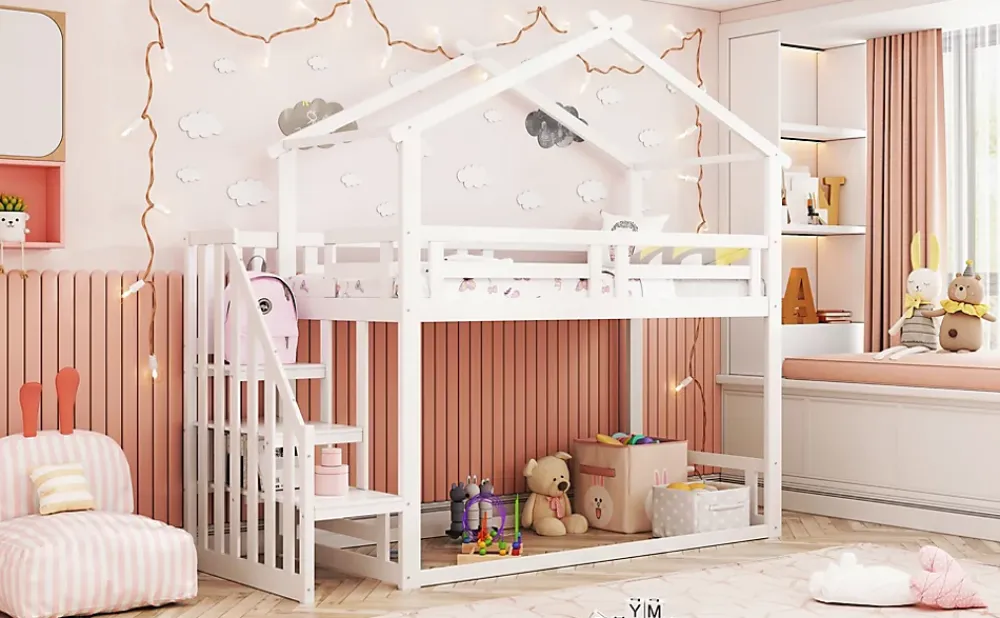 Redom Lit superposé 90x200 cm avec échelle de sécurité et grand rangement, structure en bois massif blanc*Enfant Lit Enfant