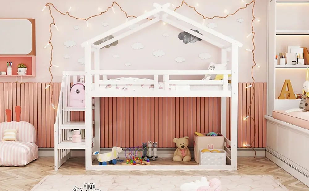Redom Lit superposé 90x200 cm avec échelle de sécurité et grand rangement, structure en bois massif blanc*Enfant Lit Enfant