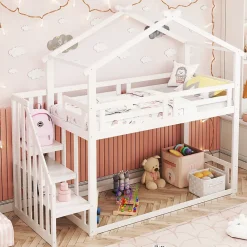 Redom Lit superposé 90x200 cm avec échelle de sécurité et grand rangement, structure en bois massif blanc*Enfant Lit Enfant