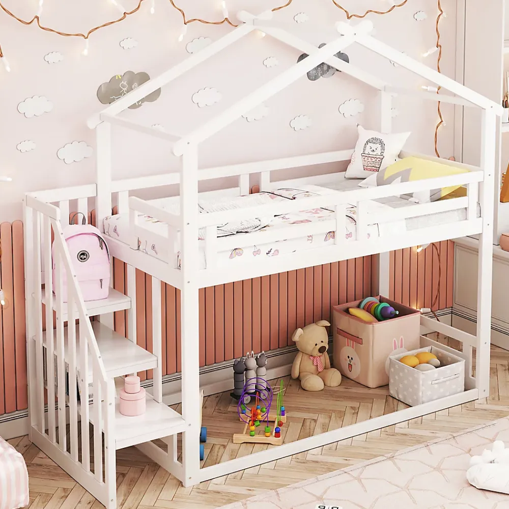 Redom Lit superposé 90x200 cm avec échelle de sécurité et grand rangement, structure en bois massif blanc*Enfant Lit Enfant