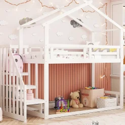 Redom Lit superposé 90x200 cm avec échelle de sécurité et grand rangement, structure en bois massif blanc*Enfant Lit Enfant