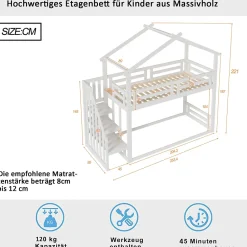 Redom Lit superposé 90x200 cm avec échelle de sécurité et grand rangement, structure en bois massif blanc*Enfant Lit Enfant